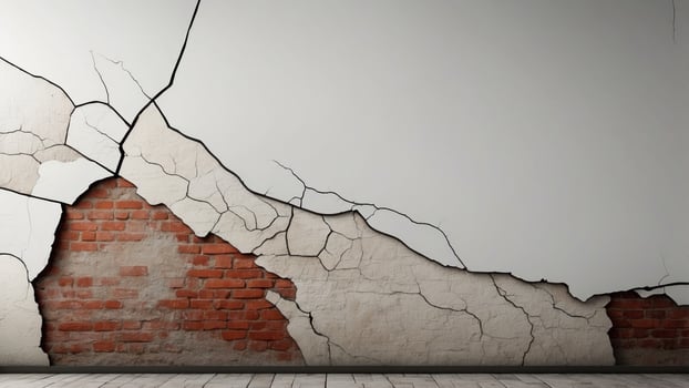 A white wall with cracks and a broken surface. photo