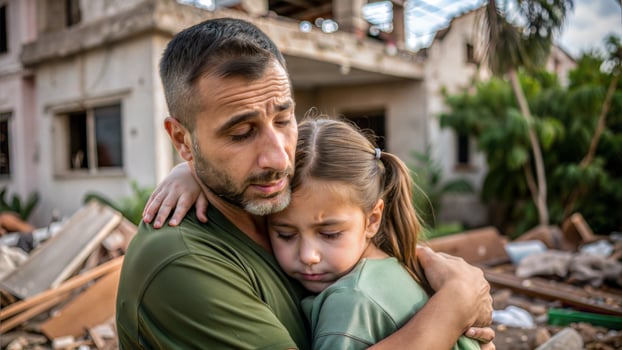 Portrait of father and daughter hugging each other while standing in front of destroyed house photo