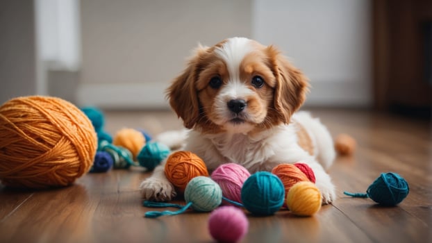 Puppy lying on wooden floor with colorful yarn balls and toys. photo