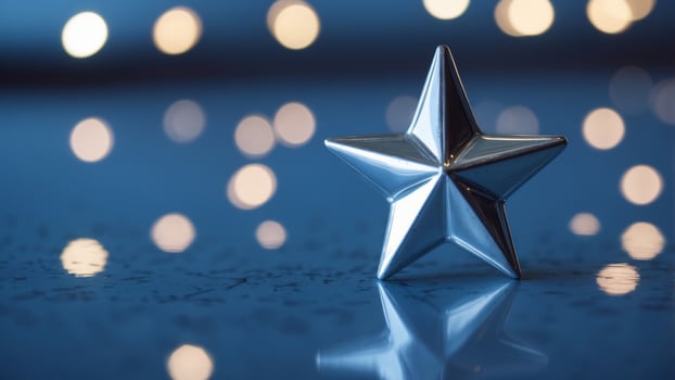 Shiny silver star sculpture on reflective blue surface. photo