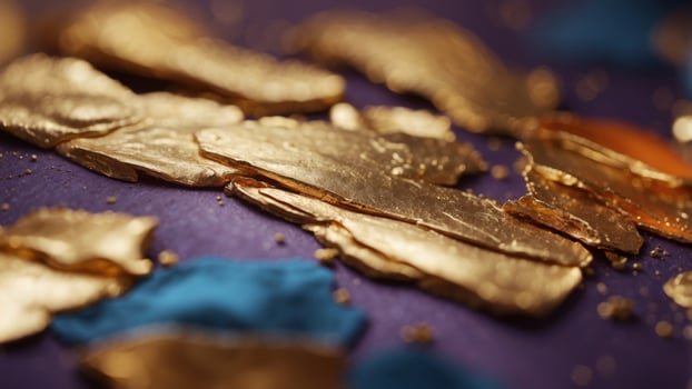 A blurry image of a gold and orange surface with a blue and purple background. photo