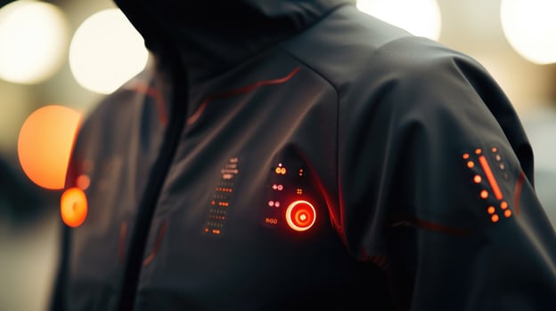Closeup of a hightech jacket with sensors that track heart rate, breathing, and calorie burn during workouts. photo