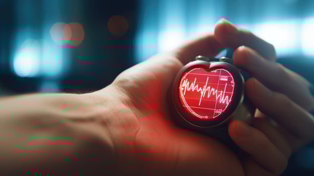 Closeup of a hand holding a heart rate monitor, tracking vital signs during remote cardiac monitoring. photo