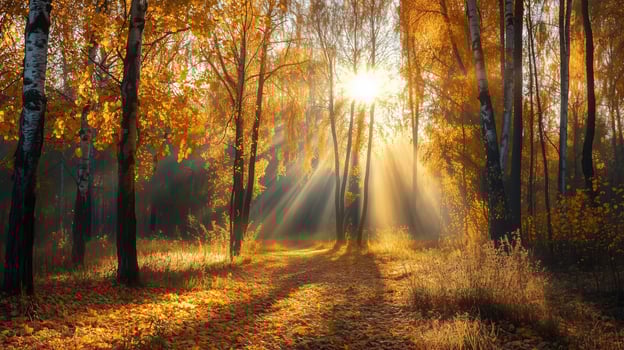 Golden sunlight filters through trees as autumn leaves photo