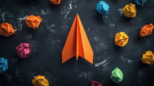An orange paper airplane surrounded by colorful crumpled paper photo