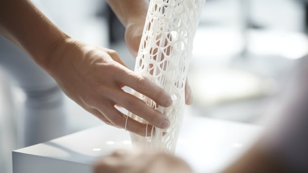 Closeup of a 3Dprinted prosthetic leg being examined for any imperfections or abnormalities before being fitted onto a patient. photo