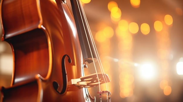 Closeup of a cello bow on strings at a classical music concert. photo