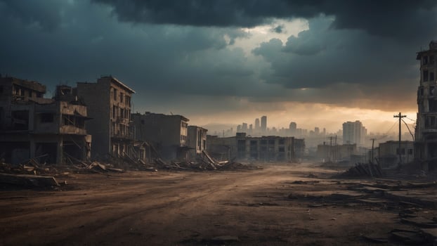 Desolate Cityscape of one Post Apocalyptic Metropolis Shrouded within Ominous Skies as well as Crumbling Ruins. photo