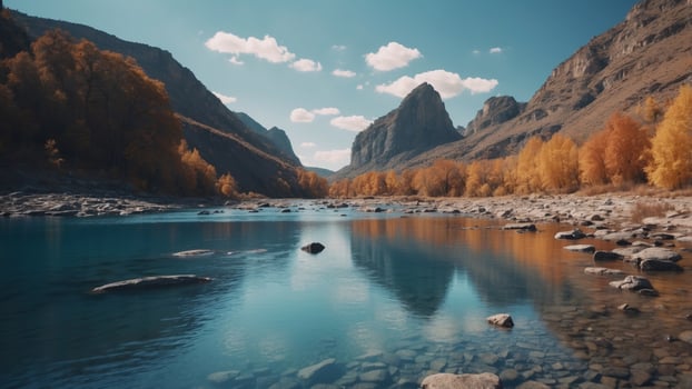 A river with a blue color and a rocky shore. photo