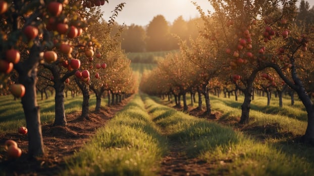 Lush Apple Orchard in Autumnal Splendor A Bountiful Harvest Amid Serene Countryside Scenery. photo
