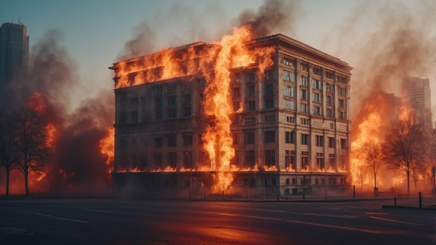 A large building in the city is engulfed in flames. photo