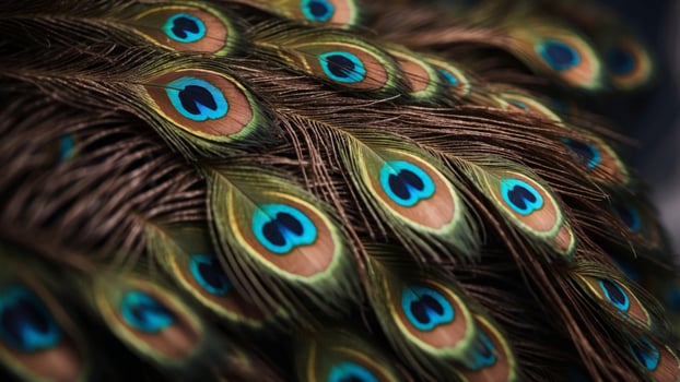 Colorful spotted peacock feathers close up beauty of nature and wildlife exploration concept. photo