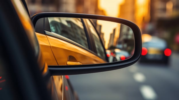 Closeup of a cars side mirror reminding drivers to check their blind spots before changing lanes. photo