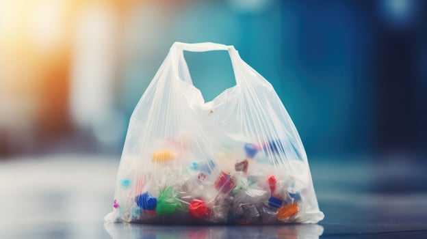 Closeup of a plastic bag filled with sorted recyclable materials, ready for pickup. photo