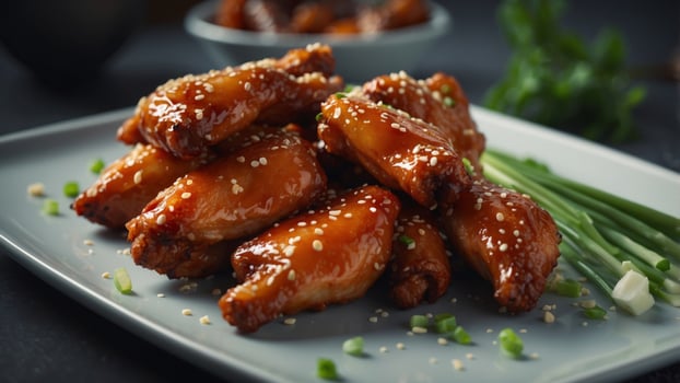 Glazed chicken wings with sesame seeds and green onions. photo