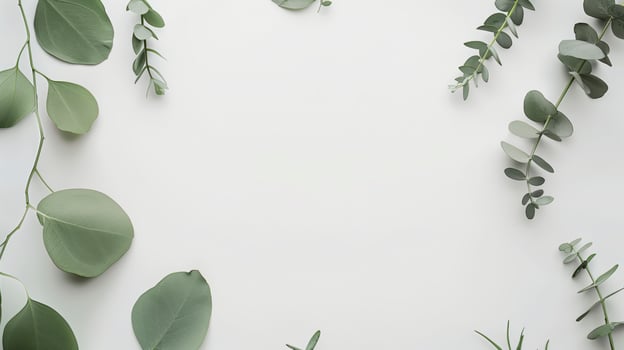 Eucalyptus branches arranged on a white surface creating a natural frame with copy space in the center photo