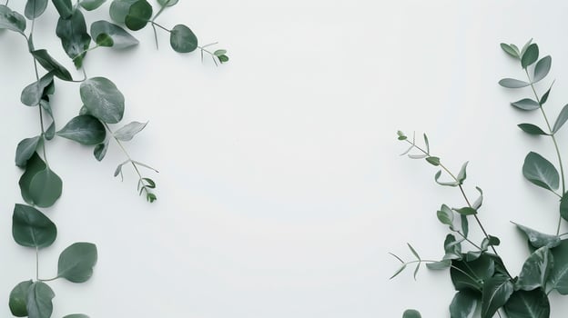Eucalyptus branches create a minimalist and natural border on a clean, white surface photo