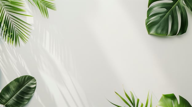 Lush monstera leaves casting shadows on white background, ideal for summer projects. Exotic tropical foliage enhances cards, posts, and banners photo