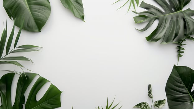 Variety of tropical leaves creating a frame on a white background with copy space photo