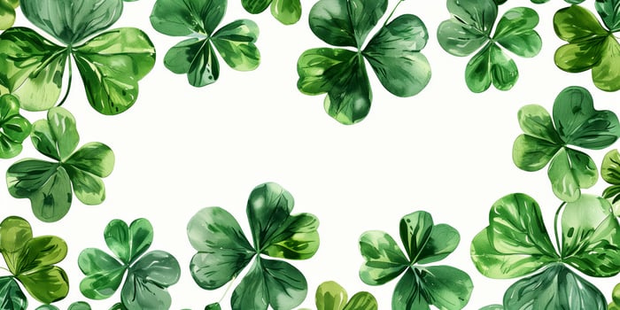 Green watercolor shamrock clover leaves border surrounding a white background, creating copy space photo