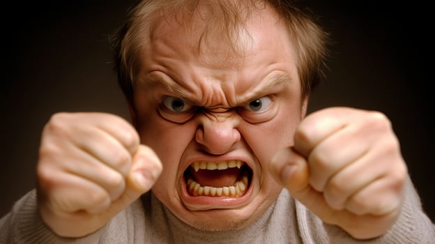 Furious man with clenched fists and bared teeth exudes intense anger, reflecting frustration and tension with a dangerous presence photo