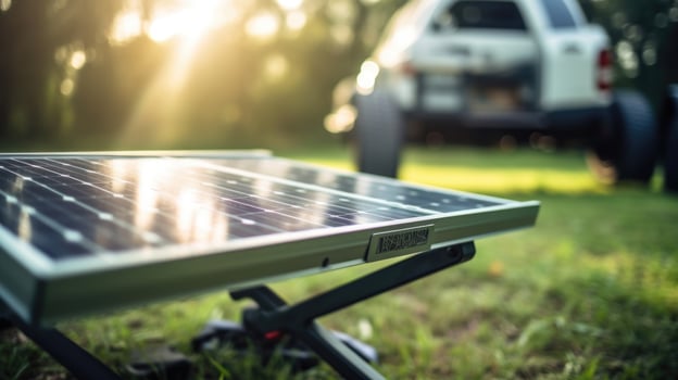 Detailed closeup of a portable solar panel used to power offgrid van life adventures. photo