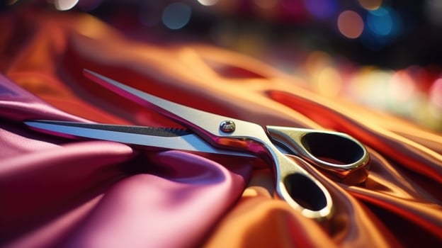 Closeup of a dressmakers scissors ting through fabric. photo
