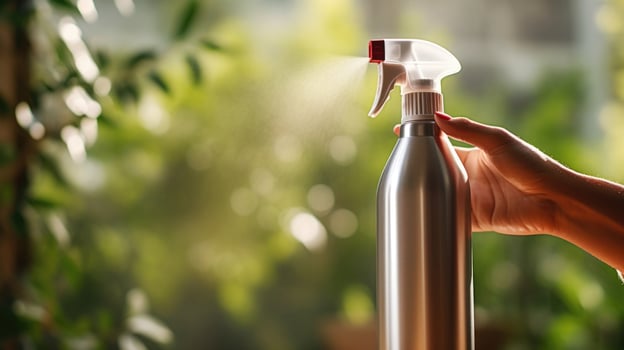 Closeup of a refillable aluminum spray bottle, perfect for reducing plastic waste in cleaning products. photo