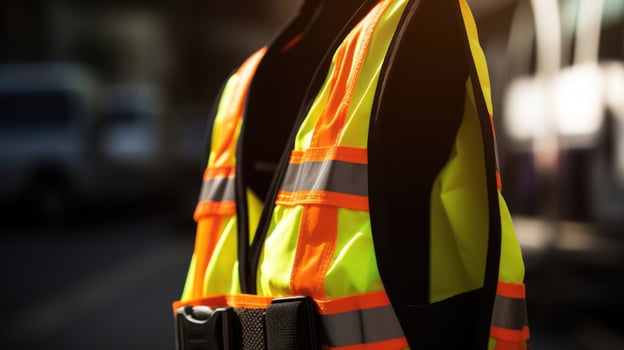 Closeup of a reflective safety vest with a clipon buckle. photo