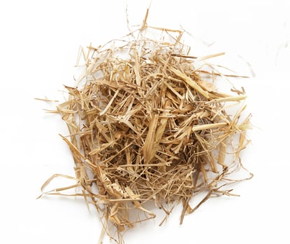 Top View, Isolated Pile of Dry Hay and Straw on White Background photo