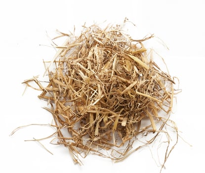 Top View, Isolated Pile of Dry Hay and Straw on White Background photo