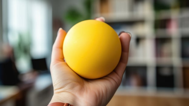 Closeup of a hand clutching a stress ball, highlighting the physical toll that the workplace can have on ones mental health. photo