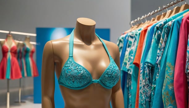 Women's turquoise bikini swimsuit bra on a mannequin in a lingerie and beachwear store. photo