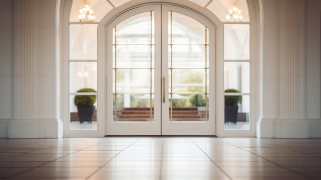 Closeup of a classic arched doorway framed by a sleek, modern entrance. photo