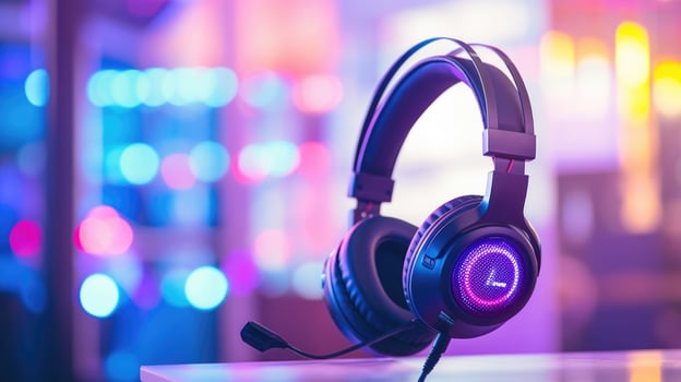 Closeup of a headset microphone on a desk, ready for communication during an online gaming tournament. photo