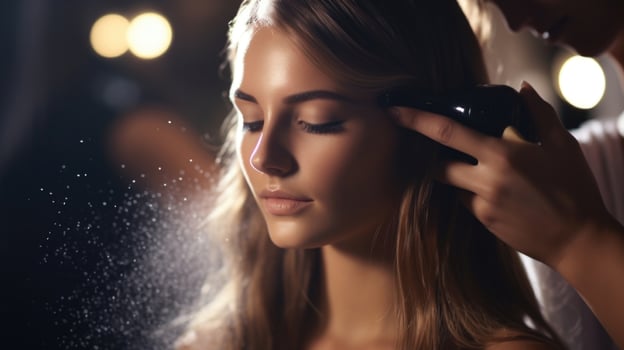Closeup of a hairstylist applying volumizing spray to a models locks. photo