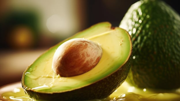 Closeup of a ripe avocado being sliced open and its creamy interior revealed. photo
