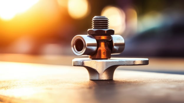 Closeup of a skateboard truck with a bolt and nut. photo