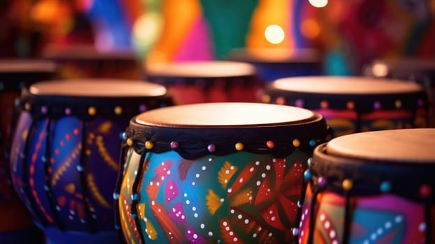 Closeup of vibrant handpainted drums, each one representing a different cultural influence. photo