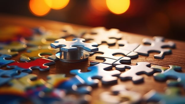 Closeup of a puzzle with missing pieces being filled in. photo