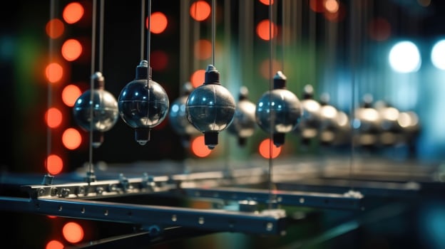 Closeup of a highspeed camera capturing the movement of a Newtons cradle display in slow motion. photo