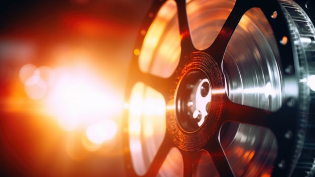 Closeup of a projector lens focusing on a movie reel. photo