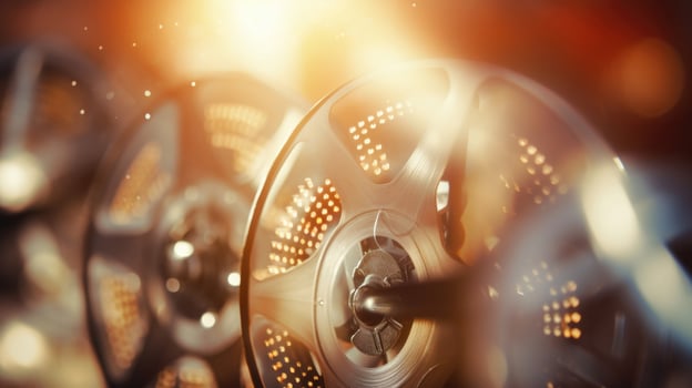 Closeup of a fan adorned with small film reels, symbolizing the movie industry. photo