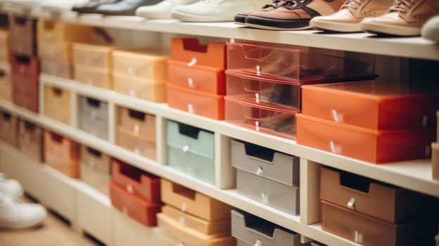 Closeup of a stack of designer shoe boxes neatly organized on a shelf. photo