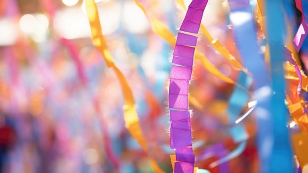 Macro shot of colorful streamers dancing in the breeze, adding to the festivals lively atmosphere. photo