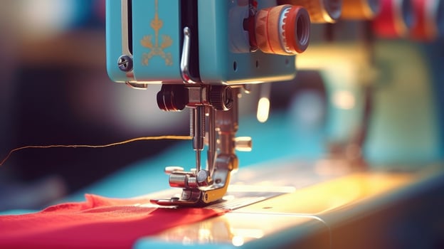 Closeup of a sewing machine, its needle piercing through a vibrant piece of fabric in a fashion designers studio. photo