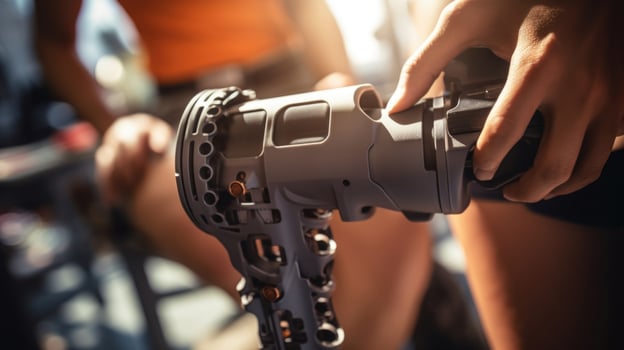 Closeup of a 3Dprinted prosthetic knee joint being adjusted for proper alignment and stability. photo