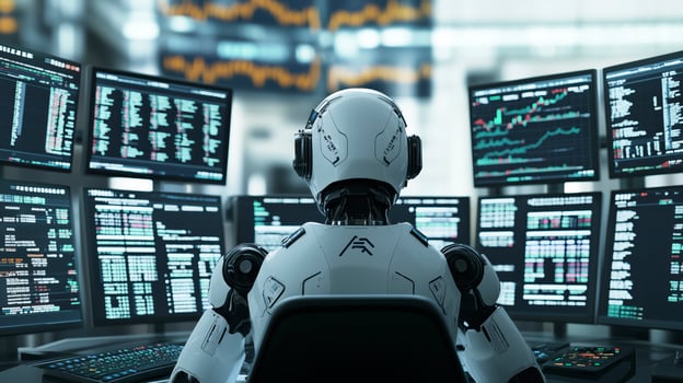 Robot is analyzing stock market data on multiple monitors in an office setting photo