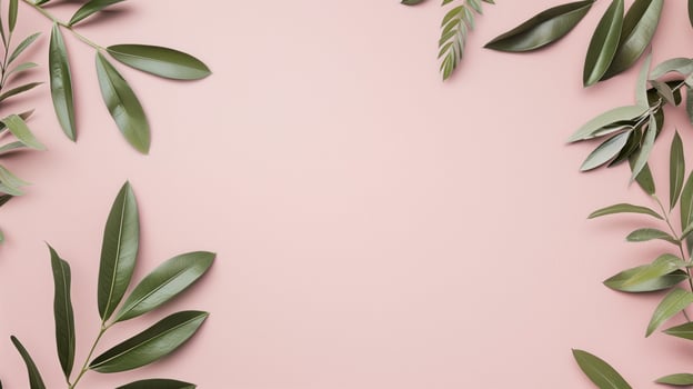 Green leaves are creating a frame on a pink background with copy space in the center photo