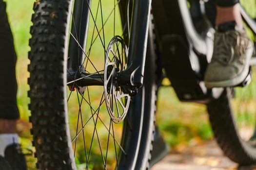 A sports bicycle races through the park, its components in focused motion spinning wheels, agile pedals, and sleek handlebars creating a dynamic spectacle of athleticism and speed against the backdrop photo